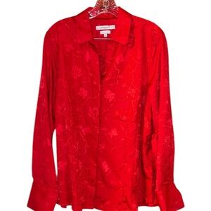 Foxcroft Red Floral Button Down Shirt Wrinkle Free Hidden Buttons 18